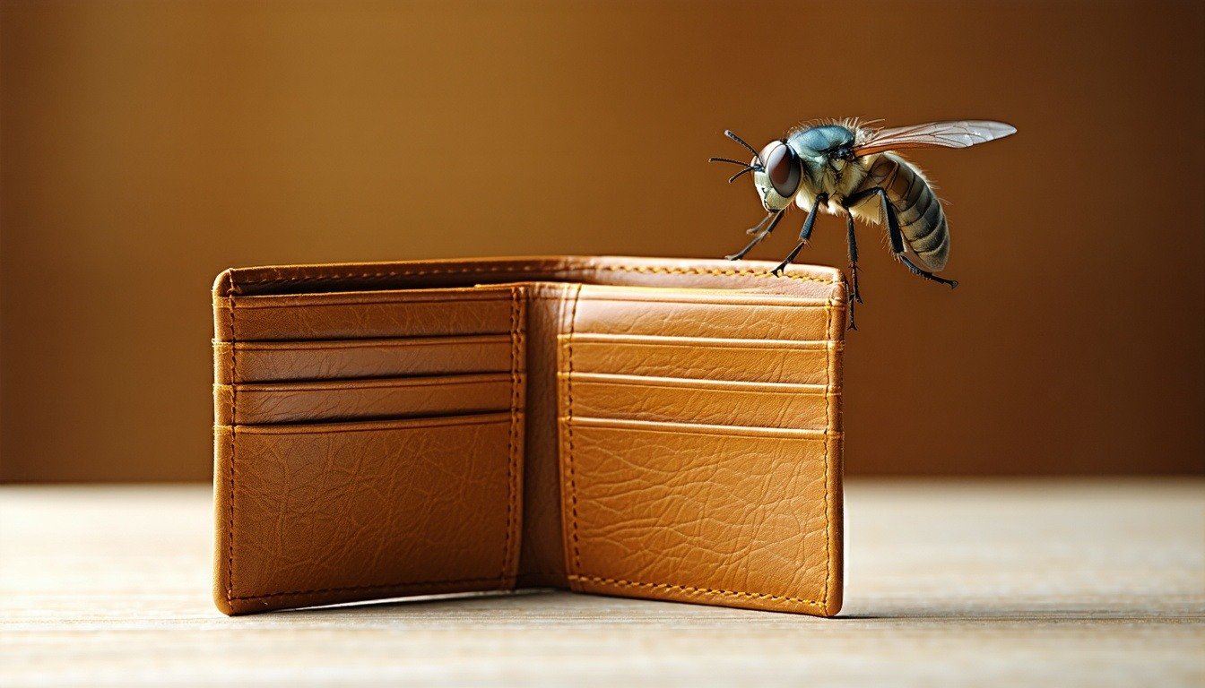 an open wallet with a housefly flying out of it-1